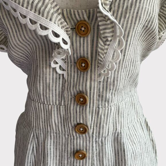 Stevie May Elm Pantsuit 100% Linen Wide Leg Jumpsuit Pin Stripe Eyelet Trim L - Picture 3 of 11